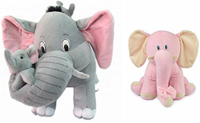 

Worthyy Enterprises Mother Elephant With 2 Babies Soft Toy - 38 Cm And Pink Elephant (25 Cm) Combo - 38 cm(Pink)