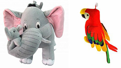

Flower Engine Mother Elephant With 2 Babies Soft Toy - 38 Cm And Musical Parrot (25 Cm) Combo - 38 cm(Multicolor)