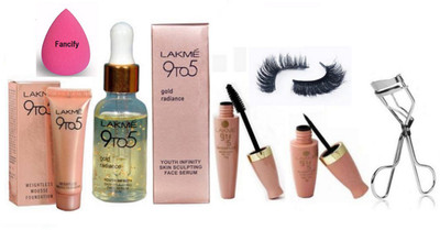 

fancify Sponge Puff & Gold Radiance Face Serum & Weightless Mousse Fundation & Eyelashes Curler & Eyeliner,Mascara,Eyelashes(Set of 7)