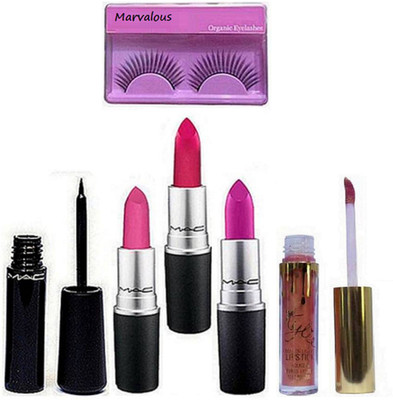 

marvalous Eyelashes,matte finish lipstick (Pack of 3) & Liquid last Eyeliner, Liquid Lip Gloss(Set of 6)