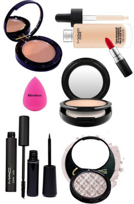 

marvalous Sponge Puff & Fix Compact, Water weight Foundation, Red Shade Lipstick, Zoom Lash Mascara, Liquid Eyeliner, Selena Illuminator, Corrector Concealer(Set of 8)