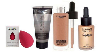 

caroline Spongy Puff , Mac Infallible Face Primer , Studio Waterweight Foundation & Highlight(Set of 4)