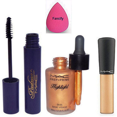 

Fancify Sponge Puff , Mac Padma Liquid Mascara , Prep+Prime Highlight Skin Visage , Mineralize Liquid Concealer cream(Set of 4)