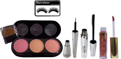 

Marvalous Eyelashes & Mac 3 Shade Blusher (Multi Shade), Brook candy Eyeliner & Mascara, Kylie Liquid Lip Gloss(Set of 5)