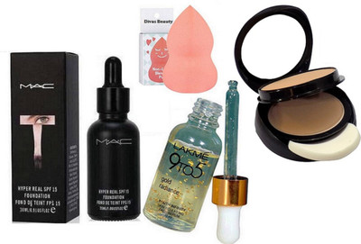 

divas beauty Sponge Puff&9to5 Gold Radiance Youth Infinity Skin Sculpting Face Serum, Mac Hyper Real SPF 15 Foundation With Two Way Compact(Set of 4)