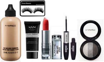 

Divas Beauty Eyelashes&Mac Face and Body foundation& Eyeshadow Fard A Joues Mineralize, NYX photo-loving Face Primer & lakme enrich matte finish lipstick & colorbar 2 in 1 eyeliner with mascara(Set of 6)