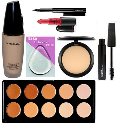 

eska Silicon Puff, Mac Hyper Real Foundation, Compact,Lady Gaga Lipstick, Pen Liner, Haute and Naughty Mascara,10 Shade Concealer Palette(Set of 7)