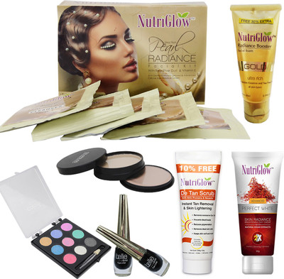 

NutriGlow Set of 1 Perl Radiance facial kit + 1 Gold Radiance Booster + 2 Eye liner + 1 Eye shadow + 1 Compact + 1 Advanced Perfact white+ 1 De- Tan Scrub(Set of 1)