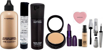

CAROLINE Silicon Puff, Mac Face and body Foundation, Pro Long Wear Concealer, Lipstick, Brook Candy Eyeliner & Mascara , Prep+prime Pearl Gel primer, Moisture Infusion Serum, Compact(Set of 9)