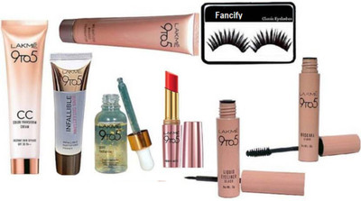 

Fancify Eyelashes And Lakme 9to5 Mousse foundation With Gold Radiance Face Serum With Liquid Eyeliner With Mascara & Matte Finish lipstick CC Color transform Cream With Infallilible Mattifying Primer(Set of 8)