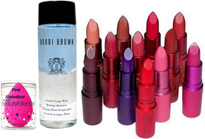 Pink Rebellion Sponge Puff & Lipstick (Pack Of 12) & Brown Long Wear Makeup Remover(Set of 3)