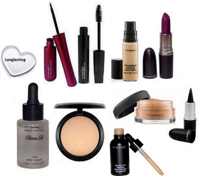 

Longlasting Silicon Puff&Mac Hyper Real Foundation, Pro Long Wear Concealer, Loose Powder, Prep+prime Primer Oil, Studio Fix Compact, Liquidlast Eyeliner, Houte and Naughty Mascara, Lustre Lipstick With stick Kaj(Set of 10)
