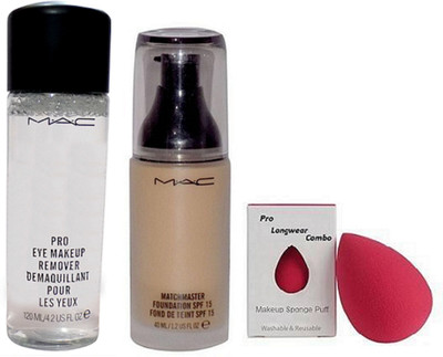 

prolongwear combo Sponge Puff, Mac MatchMaster Foundation Spf 15, Mineralize Charged Water Cleaner Nettoyant Eye Makeup Remover(Set of 3)