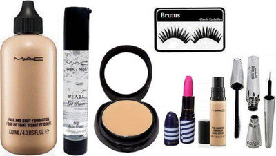 

BRUTUS Eyelashes, Mac Face and body Foundation, Pro Long Wear Concealer, Finish Matte Lipstick, Brook Candy Eyeliner & Mascara , Prep+prime Pearl primer, Compact(Set of 8)