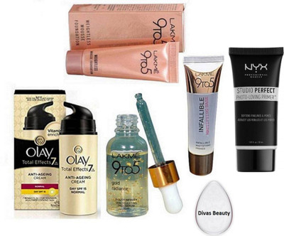 divas beauty Silicon Puff,9to5 Mousse Foundation, Primer & 9to5 Gold Radiance Face Serum, Olay Total Effect 7 In One Anti-ageing Cream Moisturizer, Nyx Studio Perfect Photo-loving Face Primer Gel 30 Ml(Set of 6)
