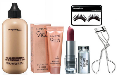 

Marvalous eyelashes , mac face and body foundation , lakme weightless mousse foundation , enrich matte finish lipstick with eyelash curler(Set of 5)