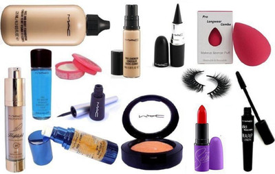 

Pro longwear combo Sponge Puff, Eyelashes, Orange Blusher, Face And Body Foundation 120ml, Black Stick Kajal, Skin Base Primer, Highlighter, Selena Lipstick, Nail Polish Remover, Eyemakeup Remover, Pro Longwear Concealer, Liquid Eyeliner & 180 Mascara(Set