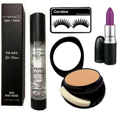 

Caroline Eyelashes, Mac Prep+Prime Pearl Primer, Two way compact, Matte Finish herion Lipstick(Set of 4)