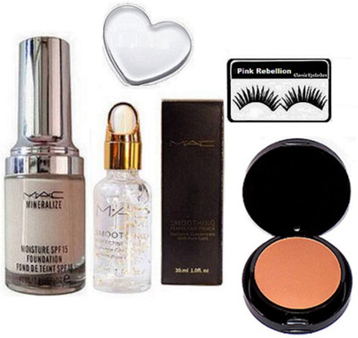 

Pink Rebellion Eyelashes,Mac Mineralize Moisture Foundation,Smoothing Face primer, Studio Fix Compact(Set of 5)