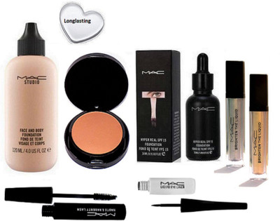 

Longlasting Silicon Puff,Mac Hyper Real SPF 15 Foundation, Face & Body Foundation, Eyelashes & Two Way Compact,Liquid Last Liner,Mascara,Pigment Pack Of 2(Set of 8)