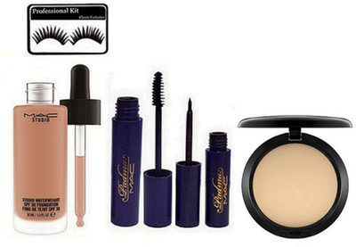 

professional kit Eyelashes, Waterweight Liquid Foundation, Mascara , Eyeliner, Studio Fix Compact(Set of 5)