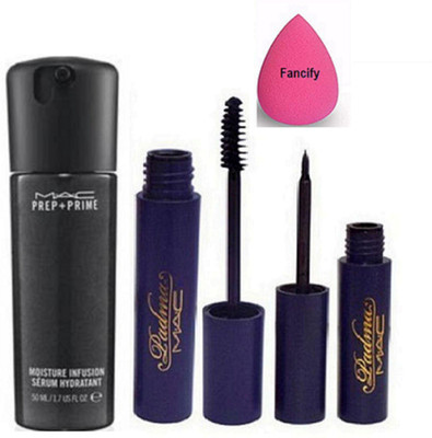 

Fancify Sponge Puff , Mac Prep + Prime Moisture Infusion Serum Hydratant , Padma mascara , Eyeliner(Set of 4)