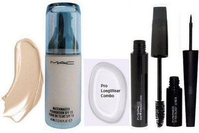 

Pro Longwear combo Silicon Puff, Mac Match master SPF 15, Haute And Naughty Mascara,Liuqid Last Eyeliner(Set of 4)