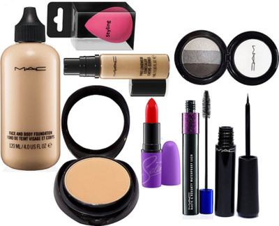 

styling Sponge Puff, Mac Face & Body Foundation,2 Way Compact,Pro Longwear Concealer,Liquid Eyeliner,Haute & Naughty Mascara,Selena Lipstick And 3 Shads Eyeshadow Compact(Set of 8)