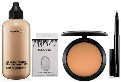 

Dazzling Silicon Puff & Face And Body Foundation & Mac Compect & Pen Eyeliner(Set of 4)