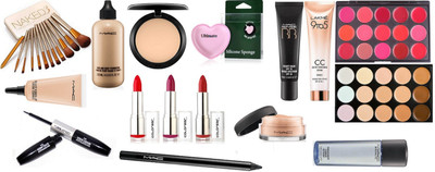 

Ultimate Silicon Puff & Face And Body Foundation,Select Cover up Concealer,Studio fix Compact,Pencil Kajal,BB Beauty Balm,15 Shades Concealer palette,15 Shades lip Palette,Pro Eye Makeup Remover,Sheer Lose powder,Colorbar Matte Finish Long Lasting Lipstic