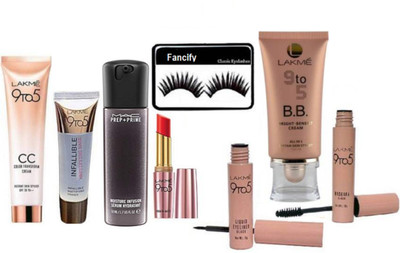 

fancify Eyelashes, 9 to 5 Liquid Eyeliner With Mascara & Matte Finish lipstick CC Color transform Cream With Infallilible Mattifying Primer,BB Bright Benefit Cream,Mac Prep+Prime Moisture Infusion face Serum(Set of 8)