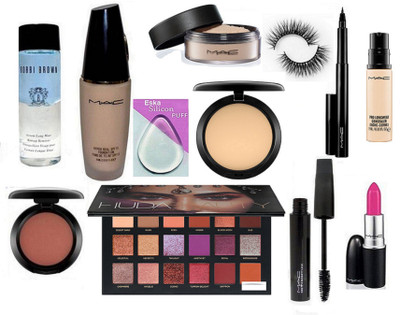 

eska Silicon Puff, Mac Hyper Real Foundation, Compact, Candy yum-yum Lipstick,Loose powder, Haute & naughty Mascara, Penliner, Pro Longwear Concealer, Blusher, Huda beauty Eyeshadow Palette & Bobbi Brown Makeup Remover(Set of 13)