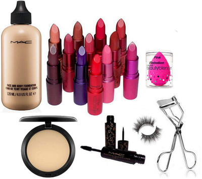

Pink Rebellion Sponge Puff & Mac Face&Body Foundation & Giambattista Valli Lipstick (Pack Of 12) & Compact & 2 in 1 Eyeliner+Mascara & Eyelashes With Eyelashes Curler(Set of 18)