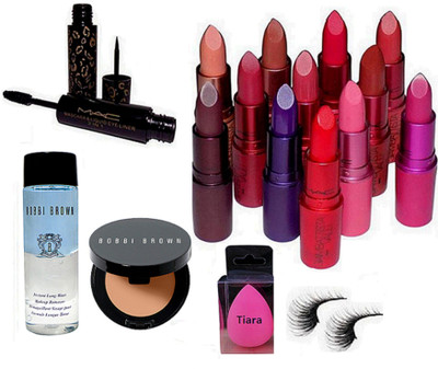 

tiara Spounge Puff , Eyelashes , Mac 2 in 1 Eyeliner & Mascara , bobbi Brown Concealer , Make up Remover , Giambattista Valli Lipstick Pack Of 12(Set of 17)