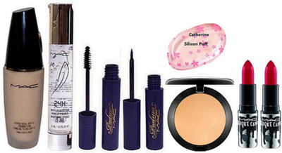

catherine Silicon Puff, Mac Hyper Real Foundation, Compact, Padma Eyeliner & Mascara, Brook Candy Lipstick (set of 2) , 24H Matte Base Primer(Set of 8)