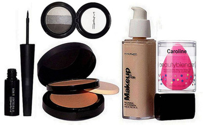 

caroline Sponge puff, Mac makeup pro long wear spf 30 foundation, powder plus Foundation Two Way Compact, Liquid Last Liner& 3 shade eye shadow(Set of 5)
