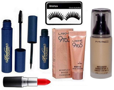 

Brutus Eyelashes, Mac MatchMaster Foundation, Matte Finish Lipstick, Padma Eyeliner & Mascara, Mousse(Set of 6)