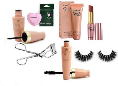 

Ultimate Silicon Puff With 9to5 Mousse Foundation 6gm,Liquid Eyeliner With Mascara & Primer+Matte Lipstick & Eyelashes Curler,Eyelashes(Set of 7)
