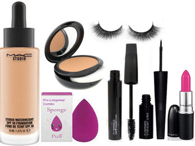 

Pro Longwear combo Sponge Puff,Mac Studio WaterWeight SPF 30 Found De Teint Foundation,Studio Fix Compact,Candy yum-yum Lipstick & Hauty And Naughty Mascara,Liquid Last Eyeliner With Eyelashes(Set of 7)