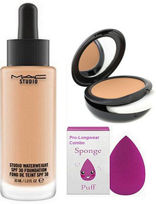 

Pro Longwear Combo Sponge Puff & Mac Studio WaterWeight SPF 30 Found De Teint Foundation, Studio Fix Compact(Set of 3)