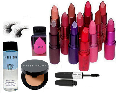 

tiara Spounge Puff , Giambattista valli Lipstick Pack Of 12 , Long Wear Makeup Remover , Concealer , Eyelashes , Color bar Eyeliner & Mascara(Set of 17)