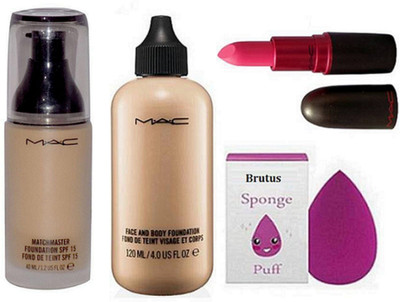 

BRUTUS Sponge Puff, Face and Body Foundation, MatchMaster Foundation, Lady gaga pink Matte Finish Lipstick(Set of 4)