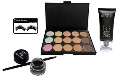 

divas beauty Eyelashes,15 Shades Concealer Palette, Mac Gel Eyeliner, Prep+Prime BB BEauty Balm Cream Foundation(Set of 4)