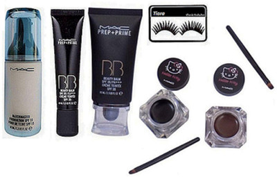 

tiara Eyelashes ,Mac Prep+Prime BB beauty Blam cream , Bb beauty Blam foundation , Hello Kitty two Eyeliner And Makeup Brush , Matchmaster foundation(Set of 6)