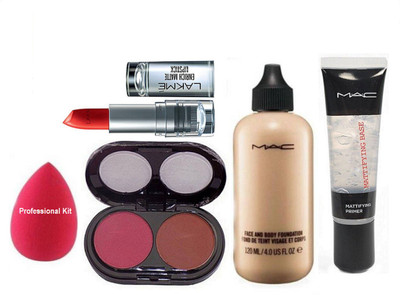 

Professional kit sponge puff & face and body foundation, 2 shade blusher,mattifying base primer& Lakme 9to5 Enrich Matte Lipstick(Set of 4)