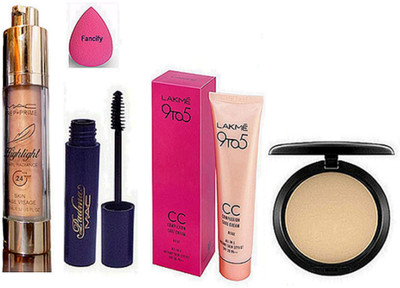 

Fancify Sponge Puff , Mac Pearl Radiance Highlighter , Padma Mascara , Lakme 9 to 5 CC Cream , Studio Fix Compact(Set of 5)