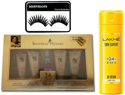 

marvalous eyelashes , Lakme Sun Expert SPF 24 PA Fairness UV Lotion with Shahnaz Husain 24 Carat Gold Kit(Set of 3)