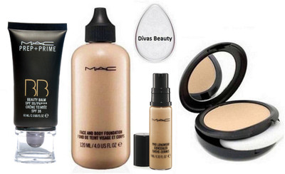 

divas beauty Silicon Puff&Mac Studio Compact & Liquid Foundation & Pro Longwear Concealer, Prep+Prime BB BEauty Balm Cream Foundation(Set of 5)