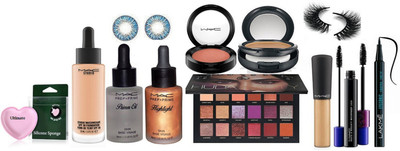

Ultimate Silicon Puff With Mac Waterweight Foundation And Pink Shade Blusher,Eyelashes,Haute And nauty Double Effect Mascara,Pen Eyeliner,Prep+Prime Highlight And Primer oil,Studio Fix Compact,Mineralize concealer,Contact lense,Huda Desert Dusk Eye Shadow