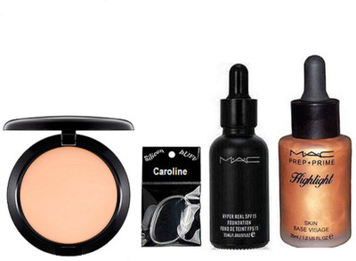 

caroline Silicon puff, Mac Compact, Hyper Real Spf 15 Foundation& Pre+Prime Highlighter(Set of 4)